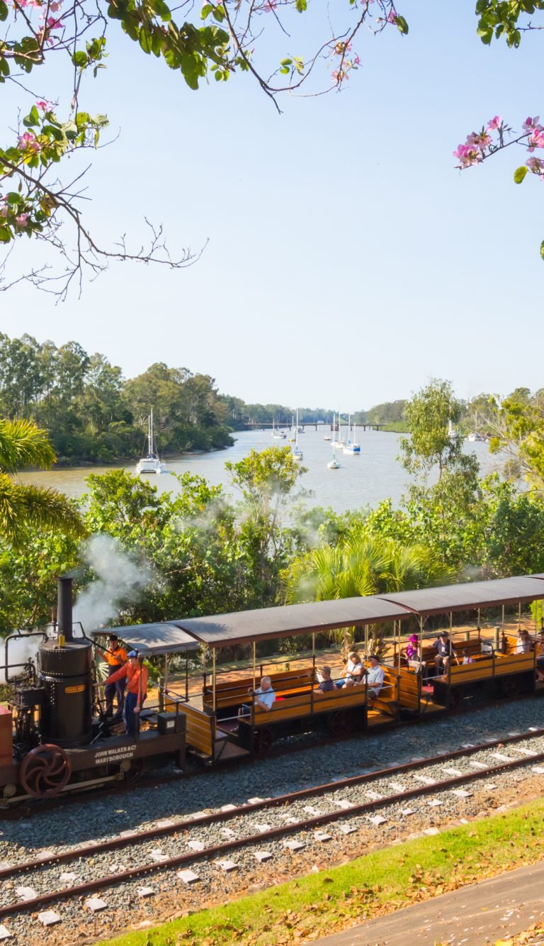 Steam train along the river in Maryborough