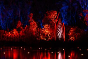 Illumina at Kingfisher Bay Resort lights up the night sky on K'gari in shades of red over the water.