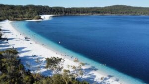 Aerial view people swimming at Lake McKenzie on k'gari/fraser island